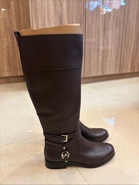 Michael Kors Dark Brown Tall Leather Riding Boots with MK Charm